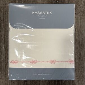 Kassatex King Sheet and Pillow Set- White and Pink Bow Brand New